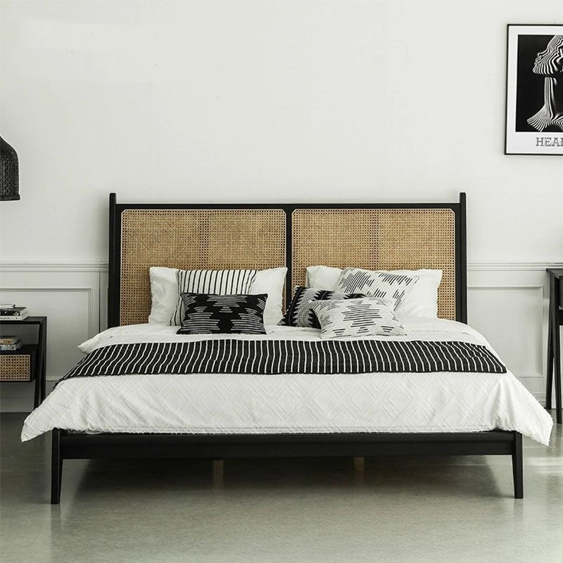 Fashion high-end B & B hotel creative bedroom solid wood woven rattan double bed custom furniture