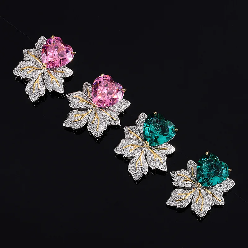 

New Jewelry Earrings S925 Silver Needle Pink Gemstone Maple Leaf European and American Light Luxury High-end Feel Women's Wholes