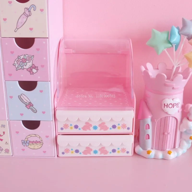 Cartoon Cute Desktop Storage Box Girl Heart Cute Soft Sister Plastic Material Jewelry Box Double Drawer Display Tidy Rack