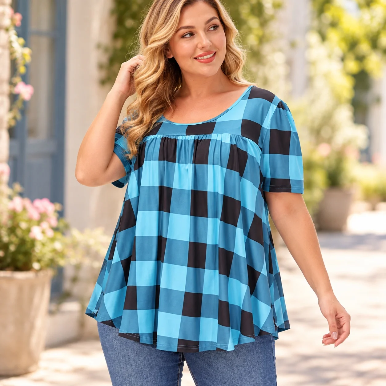 Printed Loose Fit Top with Short Sleeve Ruched Detail Yujie Style Regular Length Spring Pullover T Shirt Round Neck for Women