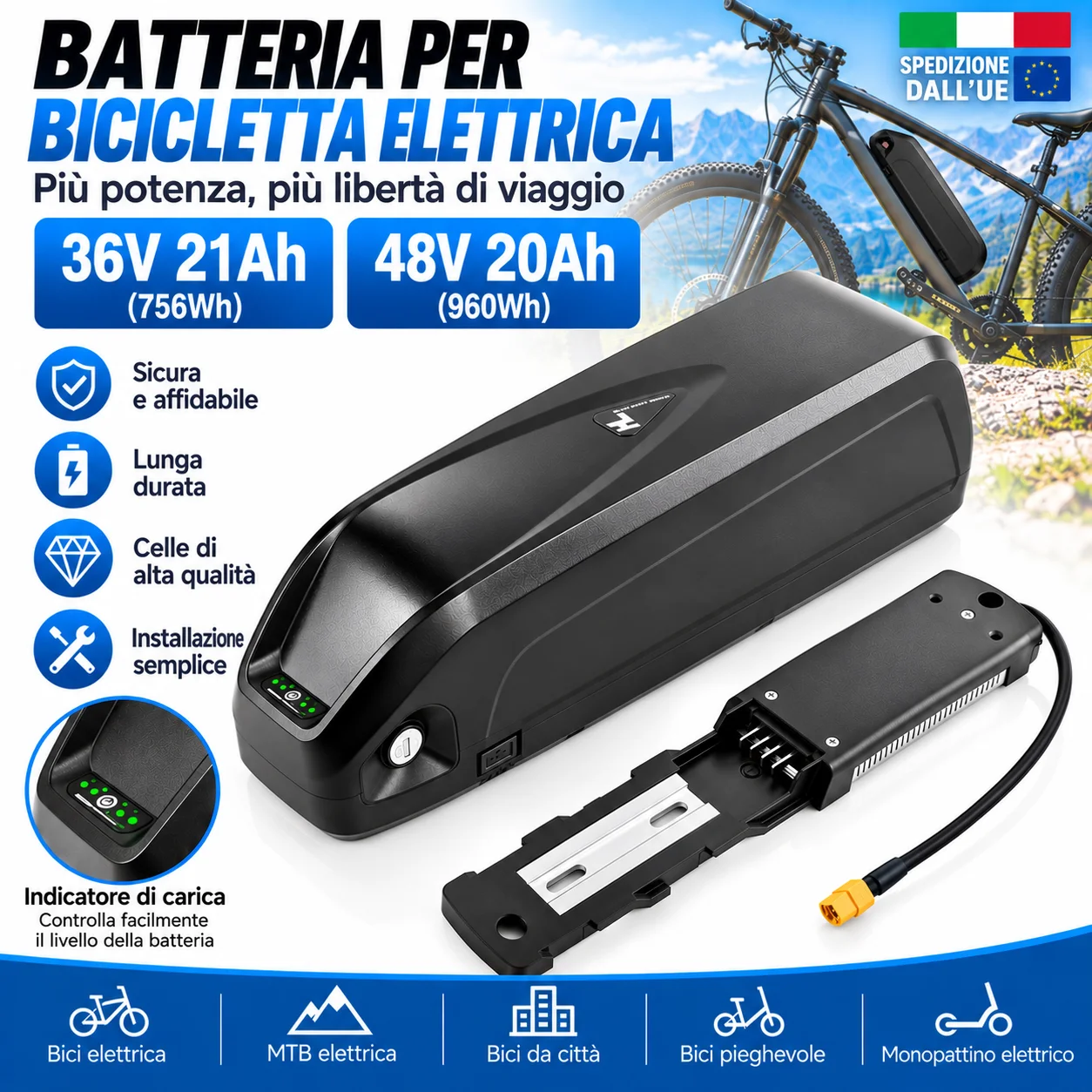 Batteria Hailong per E-Bike 36V 21Ah 48V 20Ah agli ioni di litio con BMS 30A + Caricabatterie 5A per Bafang BBS01 BBS02 Bicicletta Elettrica 300W 450W 500W 750W 1000W, Disponibilità EU, Senza Dazi
