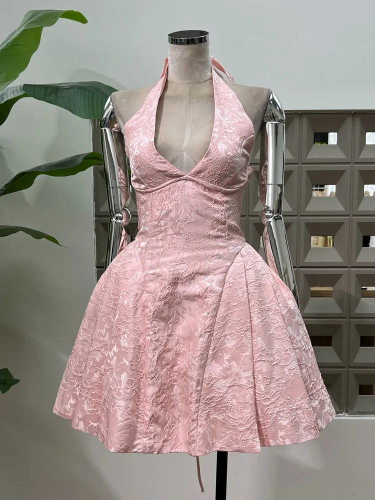 DFDG 2025 Abito da ballo con scollo a V increspato jacquard da donna Abito elegante da ballo di fine anno Abito da sera senza maniche a sbuffo Primavera Estate