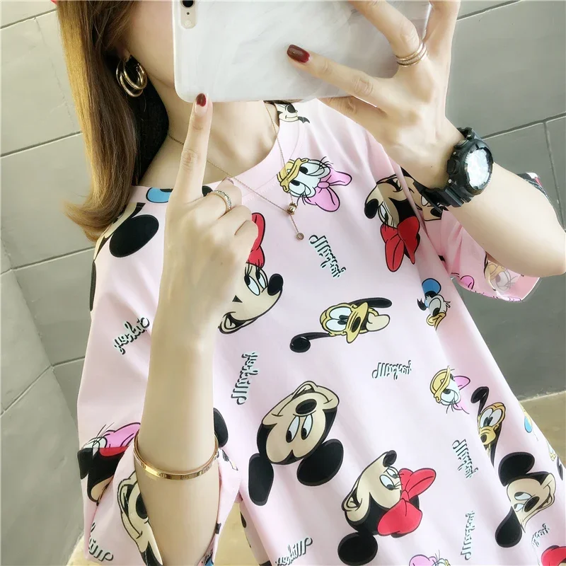 Summer Casual Family Matching Clothes Outfits Cartoon Mickey Print Mommy and Me Short Sleeve Tshirts Dress Woman Baby Girl Dress