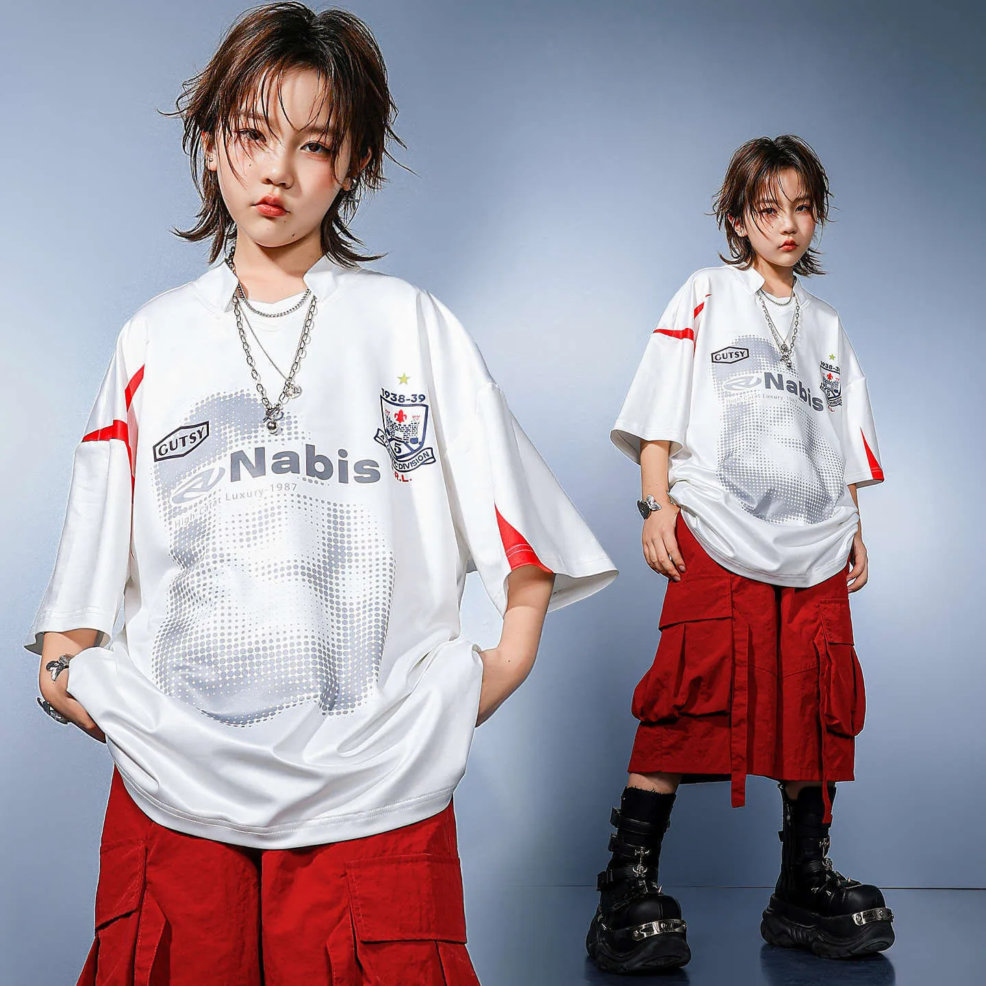 Kid Kpop Hip Hop Clothing White Jersey T Shirt Top Red Casual Strap Cargo Shorts Middle Pants for Girl Boy Dance Costume Clothes