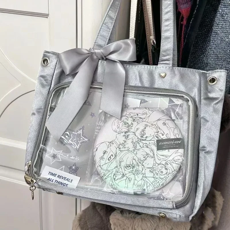 Xiuya, bolso de hombro plateado para mujer, bolso de mano de estilo japonés de gran capacidad Lolita Jk, bolso transparente Harajuku a la moda para