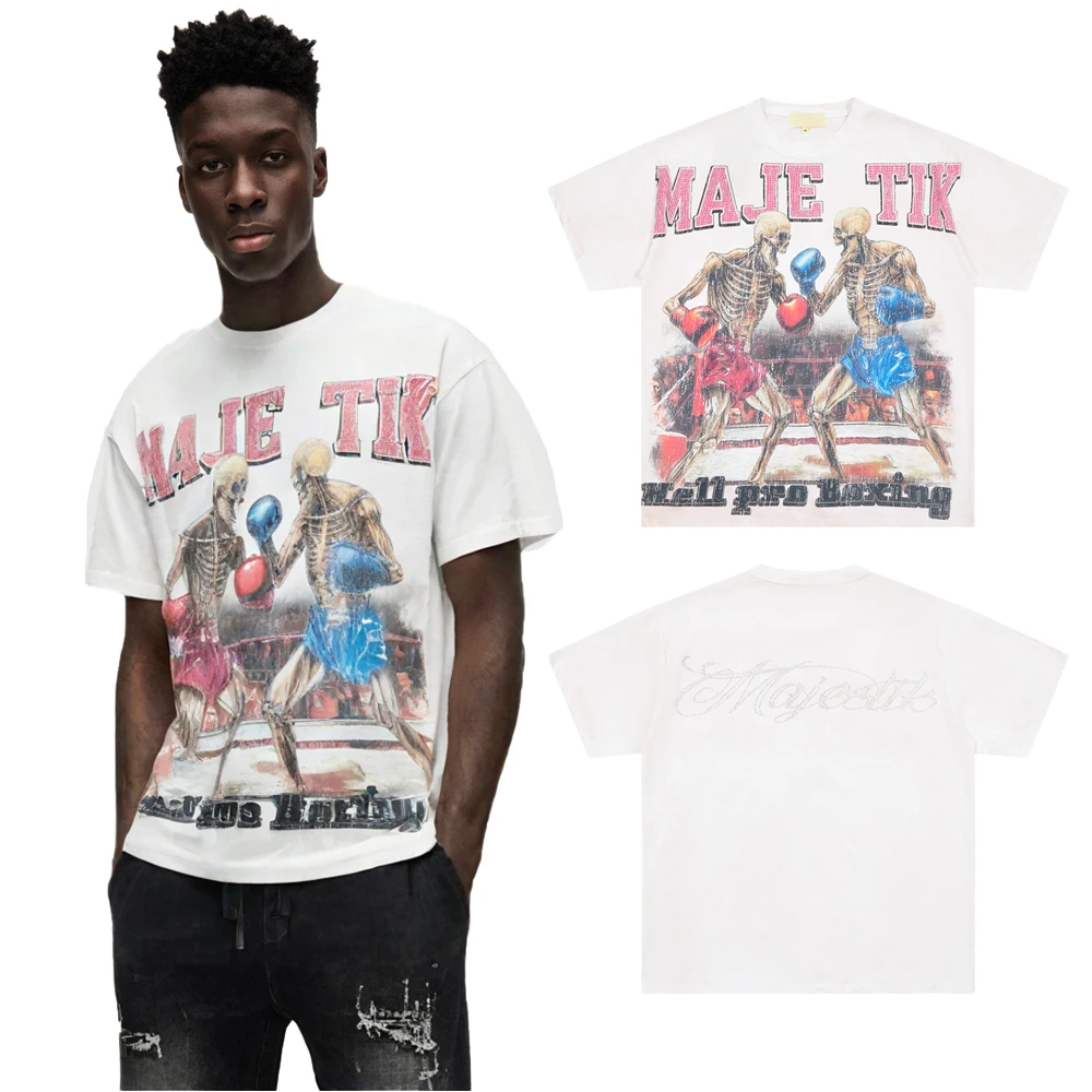 Y2k Street Wear Clothing Rhinestones Boxing Graphic T Shirts Heavy Weigth Cotton Casual Street Style Short Sleeve Tees for Men's