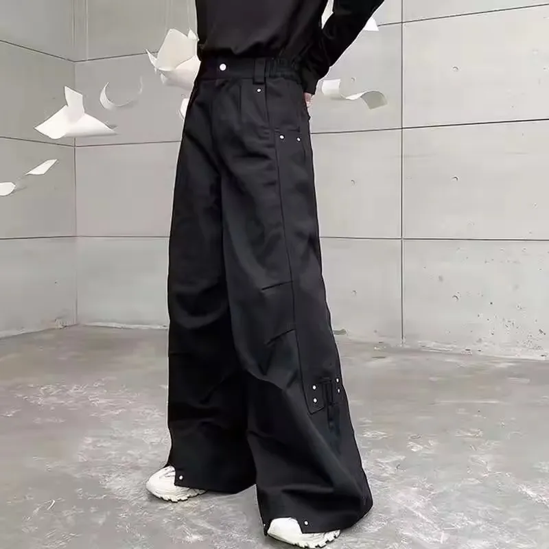 Men Pants Darkwear Pleats Loose Wide Leg Trousers Trend 2025 Solid Color New Autumn Fashion Pocket Male Japanese