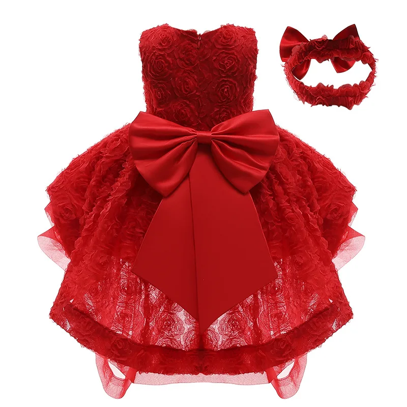 

New Style Girl's Fashion Temperament Tuxedo Big Bow Dress Girl Flower Party Host Gauze Skirt Princess Dress + Headdress