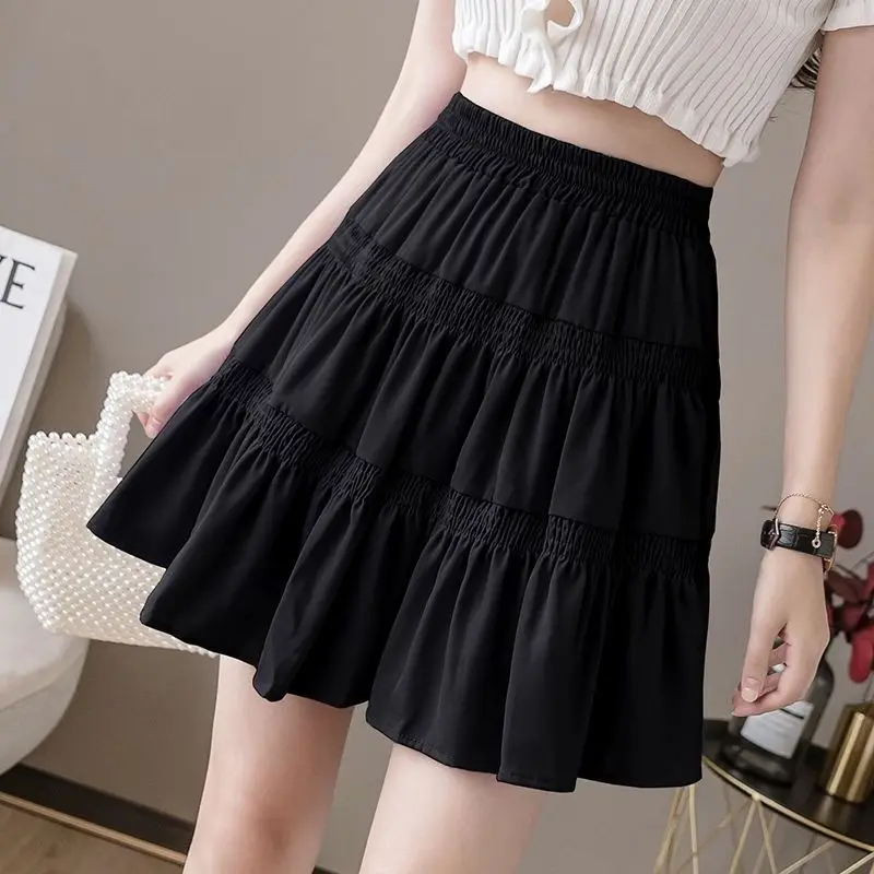 Fashion Elastic High Waist Spliced Korean Pleated Skirts Female Clothing 2024 Summer New Loose Solid Color Casual Skirts