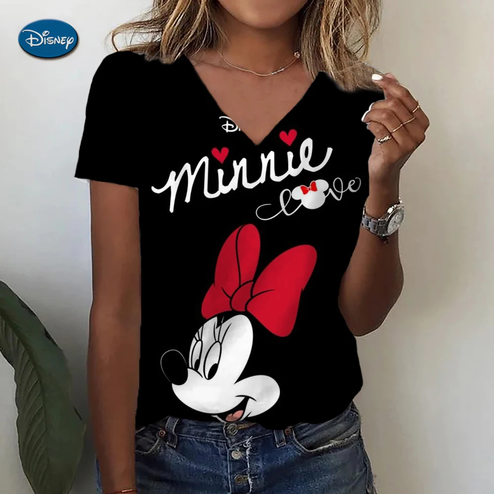 Kaus wanita lengan pendek leher-v, atasan kaus wanita, kaus lengan pendek, gambar Disney Minnie Mouse, kasual, longgar, 2024