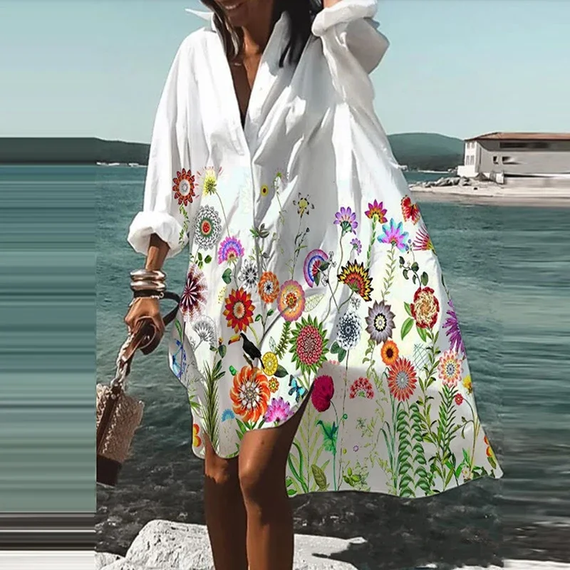 Autumn Summer Fashion Women\'s New Shirts Dress Casual Printed Lapel Long Sleeve Buttons Irregular Dress Beach Sexy Party Dresses