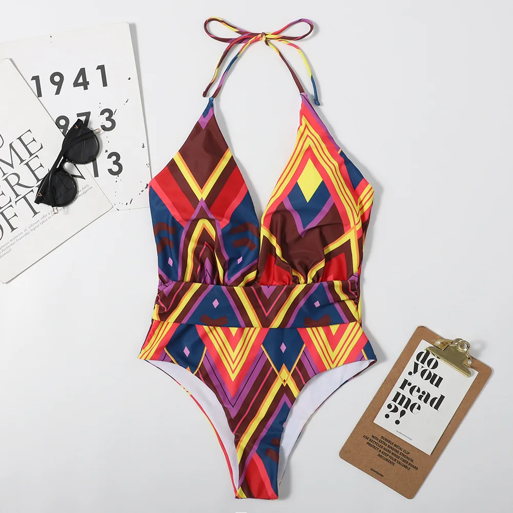 Sexy One Piece Swimsuit Bandage Halter Swimwear Women Monokini 2023 Summer Beachwear Female Vintage Boho Printing Bikini Sets