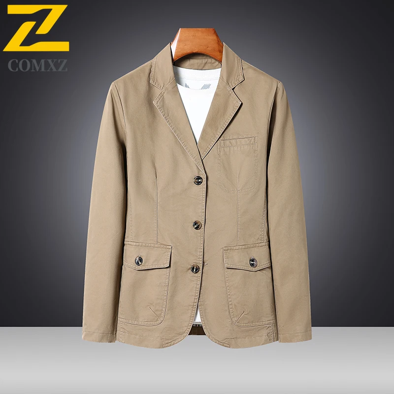2025 New Autumn Jacket Men's High-end Luxury Pure Cotton Comfortable V-Neck Small Suit Coat Casual Retro Solid Color Trench Coat
