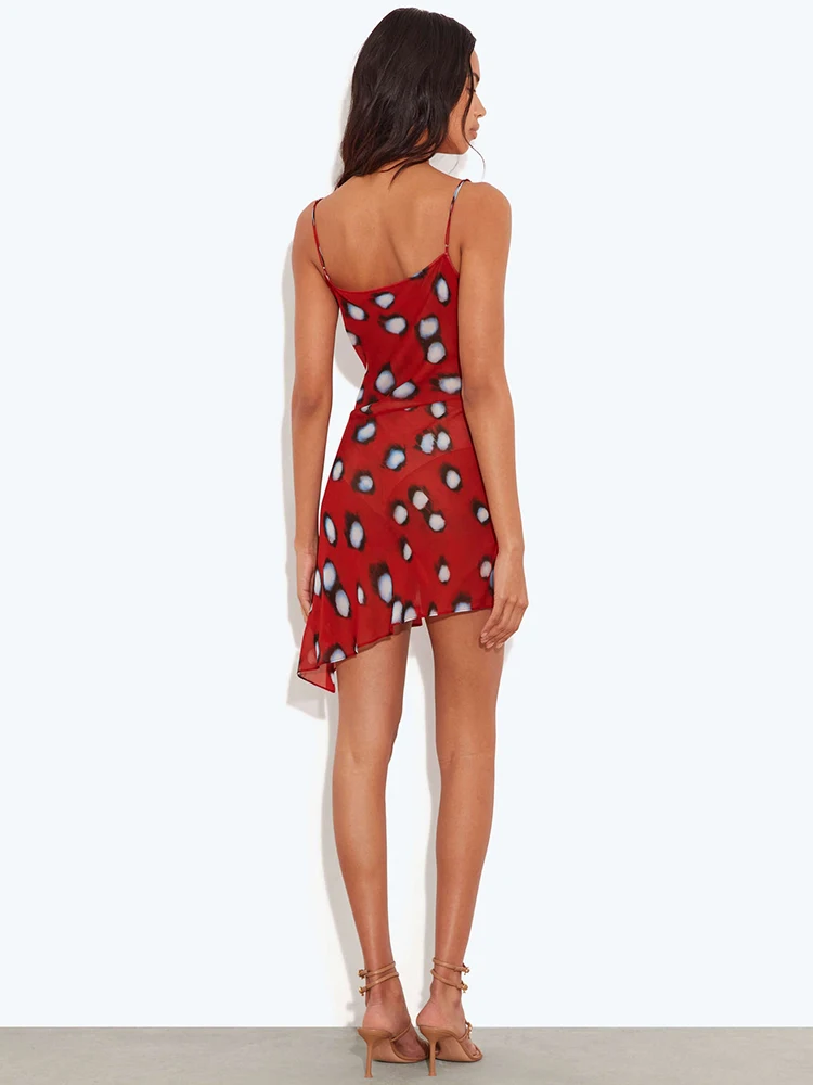 Mozision Women Red Polka Dot See Through Sexy Mini Dress Women Elegant Spaghetti Strap Sleeveless Backless Ruffle Slip Dress - view 4