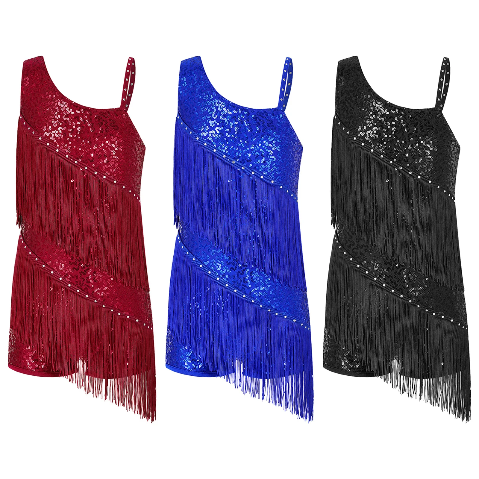 Kids Girls Tassels Dance Leotards Shiny Sequins Sleeveless Shorts Oblique Shoulder Rhinestone Decorated Outlook Bottom Latin