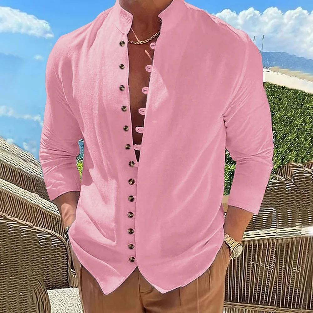 قميص رجالي عصري من القطن والكتان الأكثر مبيعًا بأكمام طويلة، لون خالص، ياقة واقفة، نمط غير رسمي، ملابس رجالية، #5