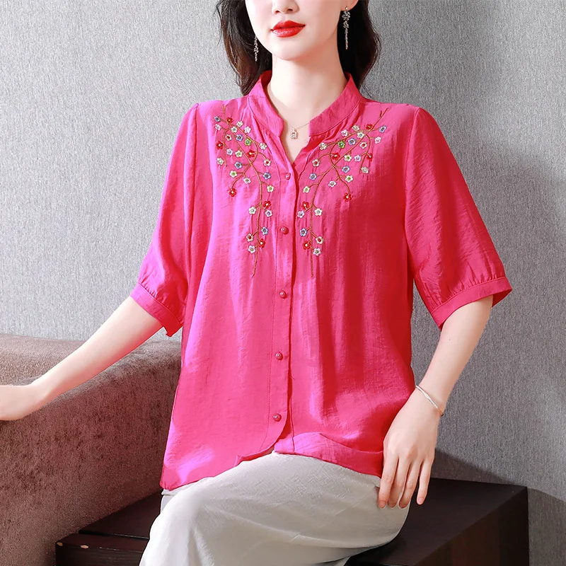 

X2019 Summer Floral Embroidery Shirt For Women Short Sleeve Cotton Linen Blouse Loose Large Size Casual Ladies Tops T-shirt