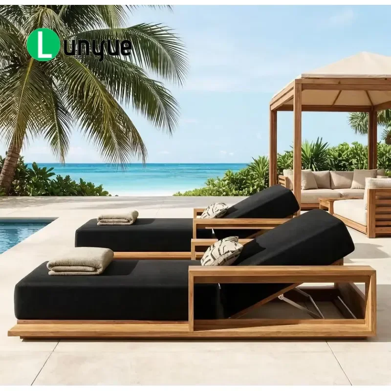 Teak Scandinavian Modern Sun Lounger with Cushions Durable Eco Friendly Outdoor Furniture for Hotel Villa Garden Patio