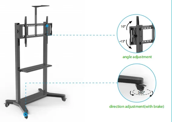 Adjustable Aluminum 65 Inch LCD Floor Display Mobile TV Stand Moving Cart For TV Screen/IFPD