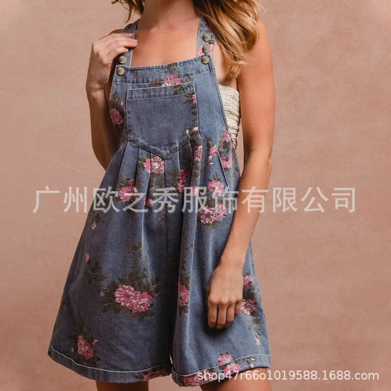 New Summer Jumpsuits From Europe and America, Retro Denim Printed Jumpsuits Shorts, Loose Pocket Design Denim Suspenders Women