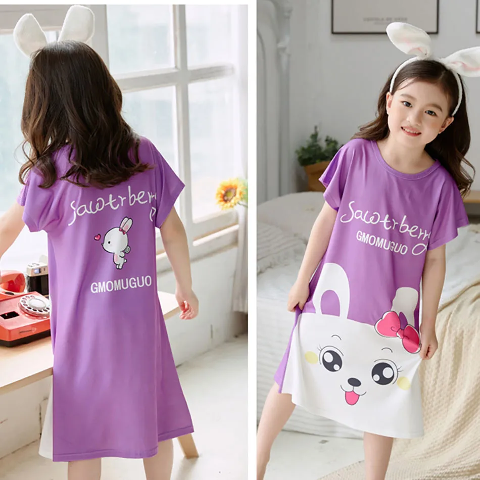 Korean Casual Sleepwear for Little Girls Short Sleeve Cartoon Print Nightgowns Sweet and Comfortable Option for Night Time Wear