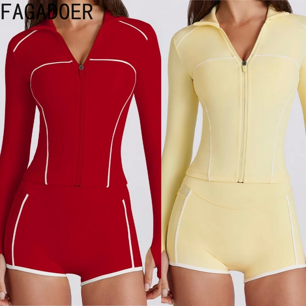 

FAGADOER Fashion High Quality Sports Woman 2 Piece Set Outfit Stripe Patchwork Crop Top and Shorts Matching Female Streetwear