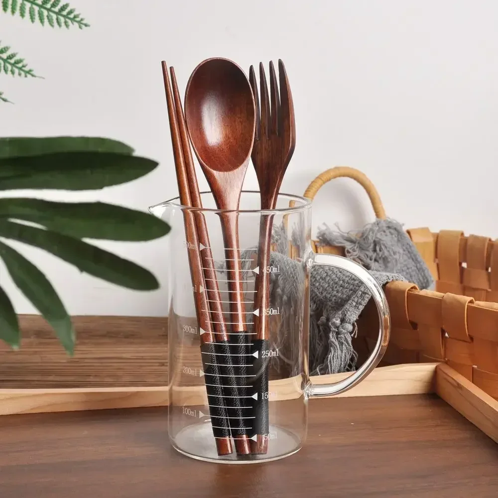 3 PCS Set Wooden Spoons Forks Chopsticks with Tangled Threads of Long Handled Solid Wood Adult Portable Spoons Forks Tableware image 3