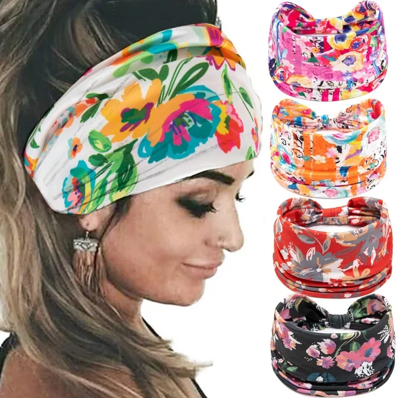 Floral Print Sports Headband Sweatband Stretch Elastic Gym Running Yoga Hair Band Headwear Women Outdoor Sports Tennis Headwrap