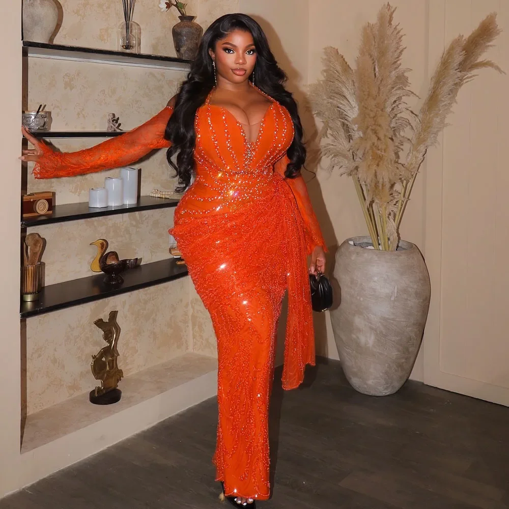 Vestidos de Noche elegantes de sirena de encaje, vestido de fiesta de talla grande de manga larga, vestidos de cumpleaños para mujer Aso Ebi