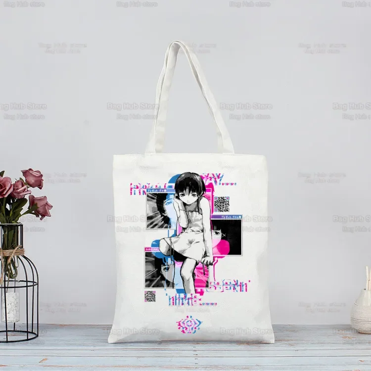 Sacola de Ombro de Lona para Mulheres, Experimentos em Série, Lain Canvas, Bolsas Anime Japão, Eco Reutilizável Iwakura Manga Sacola, Sacos Ulzzang