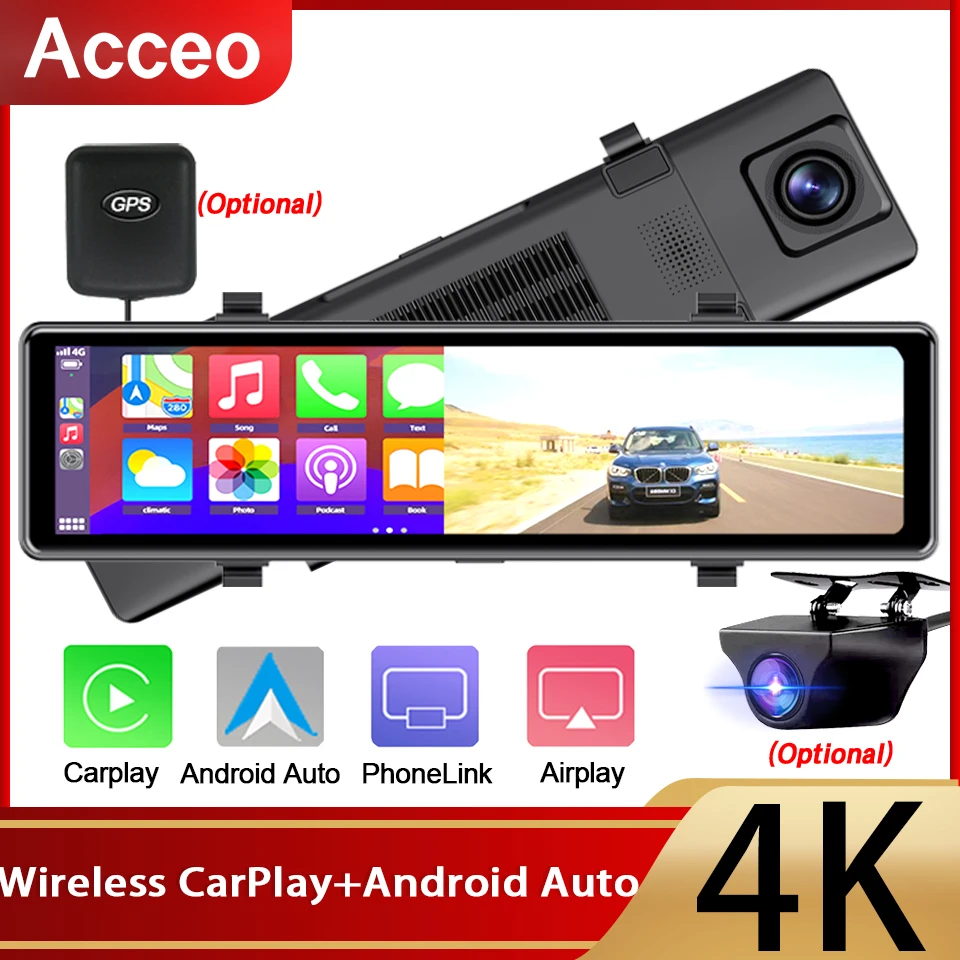 4K Mirror Dash Cam Wireless Carplay Android Auto Car DVR WiFi APP Control GPS Touch Screen Car Driving Recorder Black Box