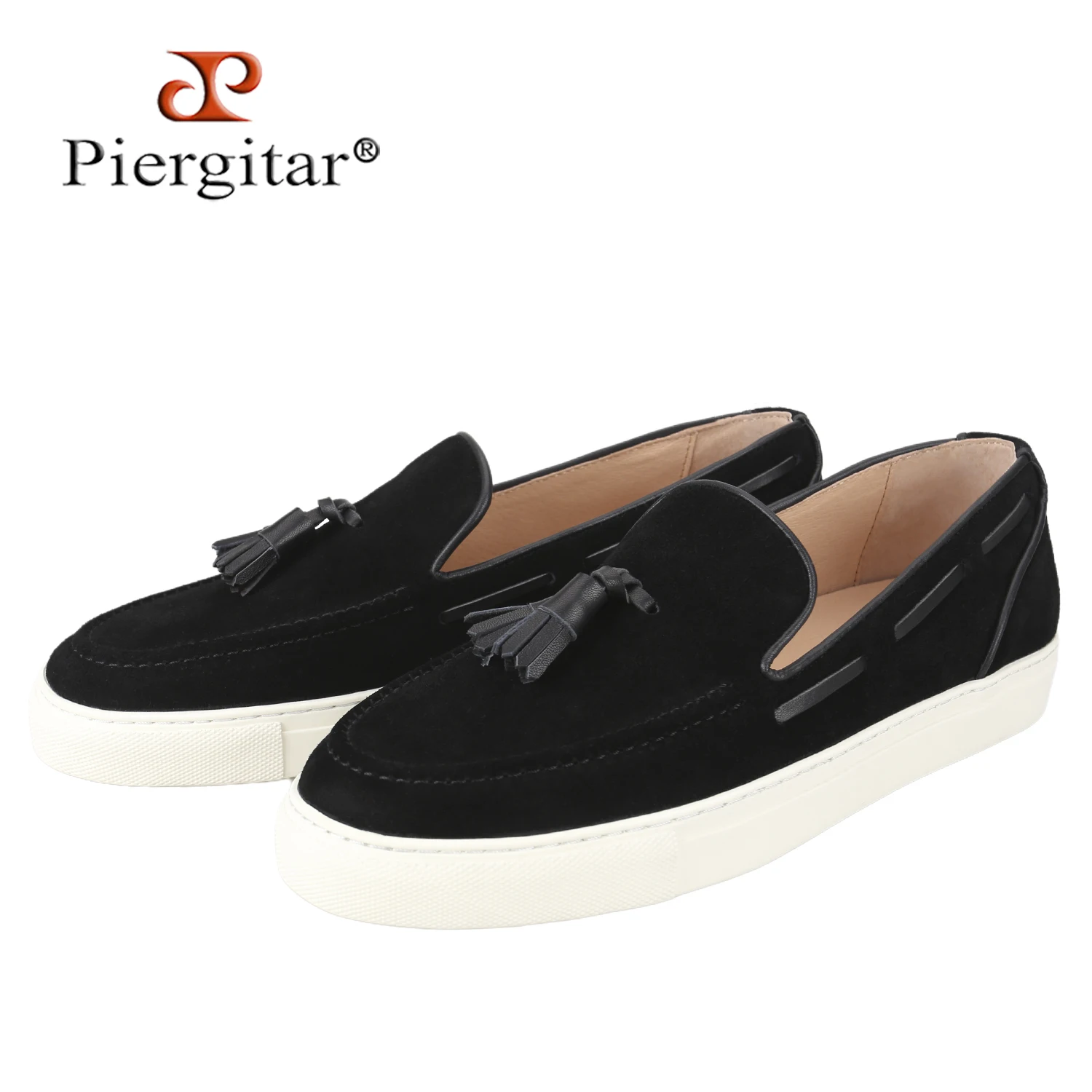 

Черные замшевые низкие кроссовки ручной работы Piergitar с кожаными кисточками, мужская повседневная обувь без шнуровки, увеличивающая рост, белая подошва