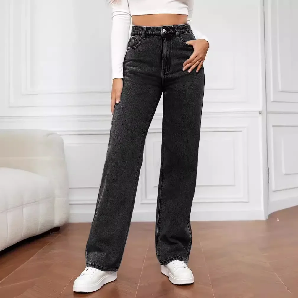 Jeans Women Long Pant Denim Pants Straight Trousers Elegant Splice Button High Waist Regular Casual Loose Autumn Winter