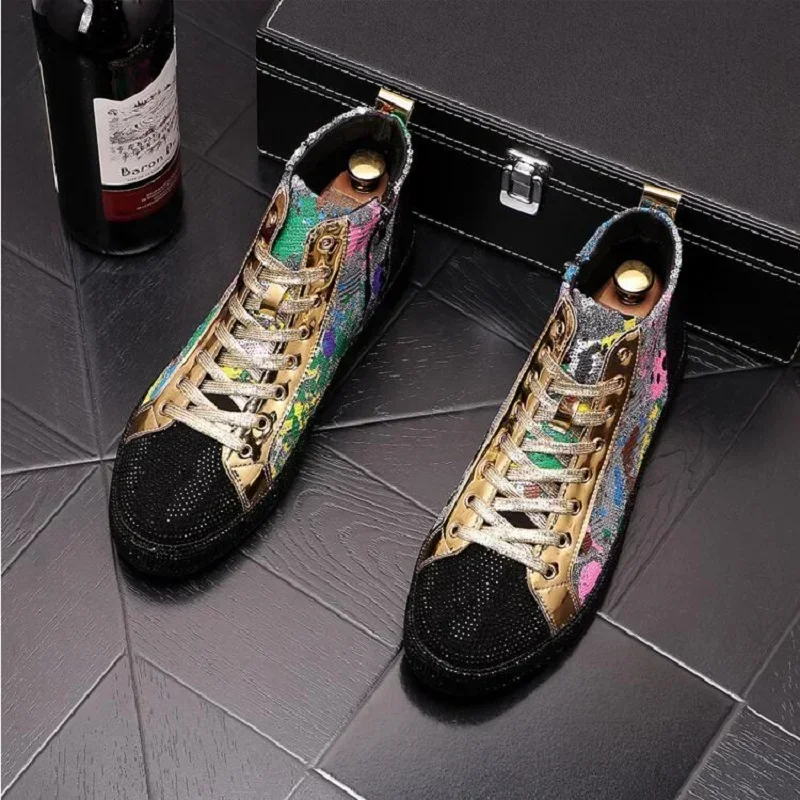 Goud Zwart Strass Mannen Schoenen Mode Hoge Tops Print Punk Sneakers Hiphop Casual Flats Enkellaarsjes Zapatillas Hombre