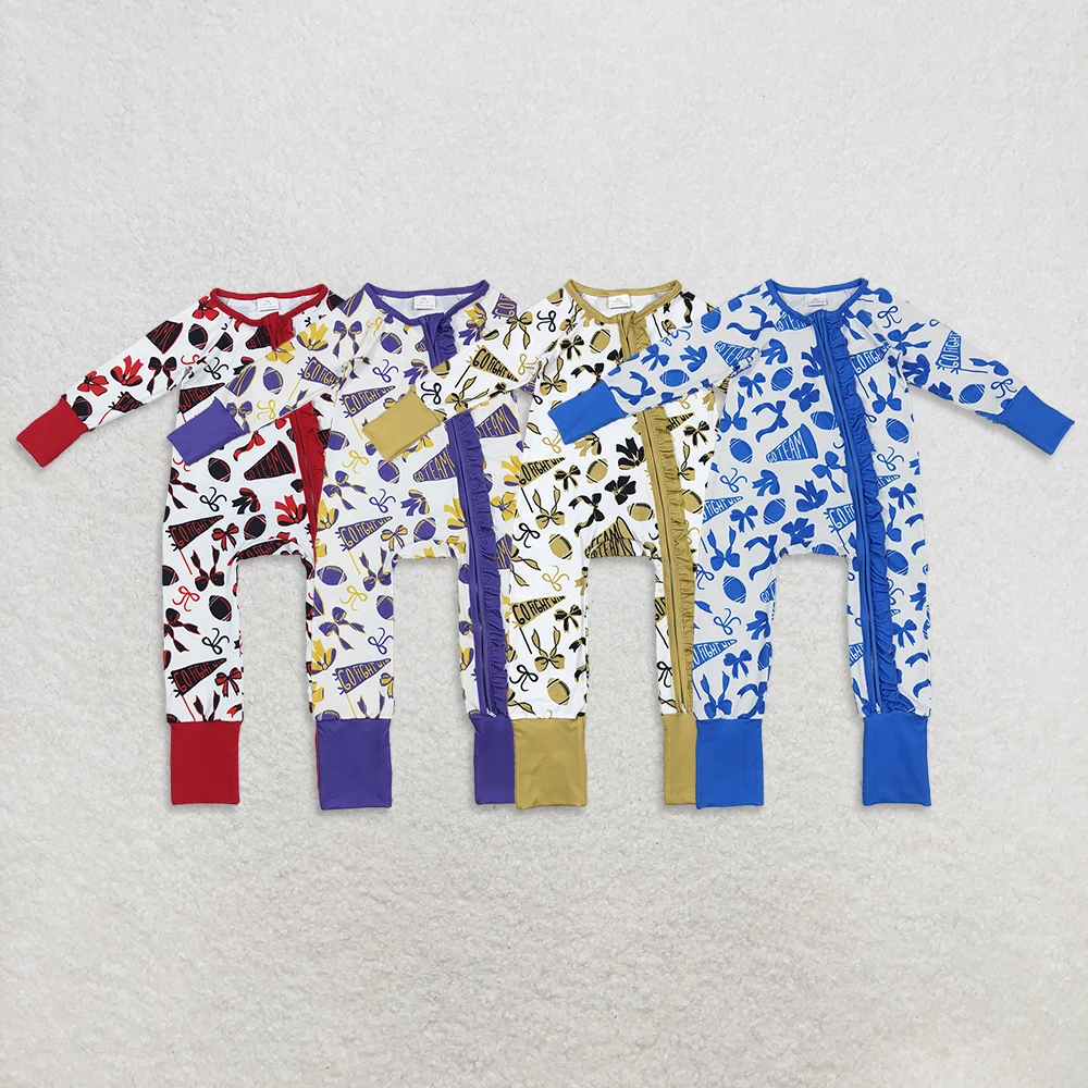 

Sibling Baby Girls Long Sleeve Rromper with Bows Footballs Ruffle And Zipper Team Rompers for Infants