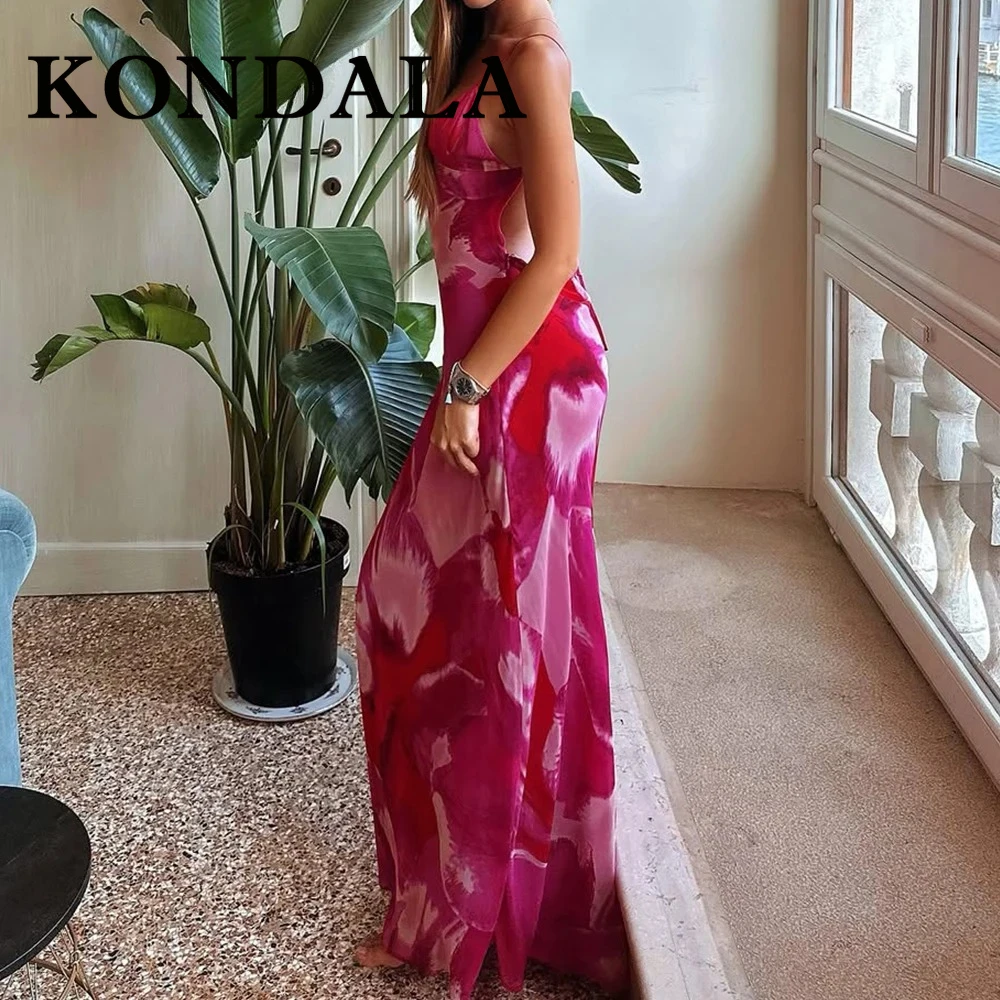 KONDALA Chic Sexy 2025 été rose plissé femme robe nœud cou monté vacances longue robe imprimer femme fermeture éclair gaine robes