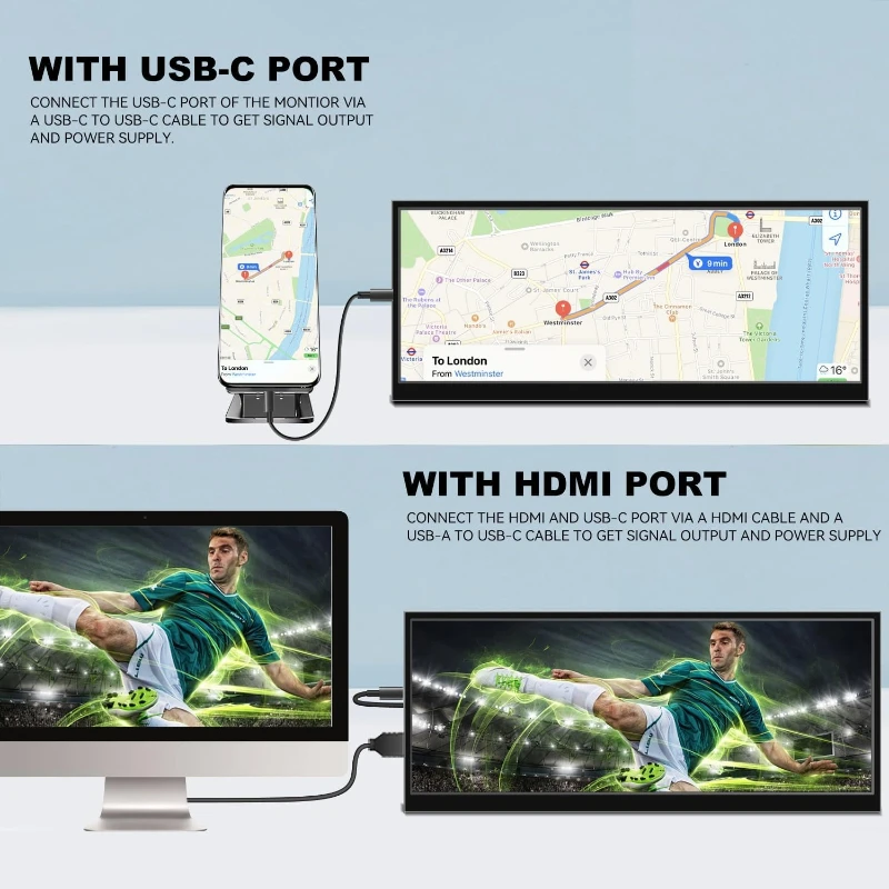 12.3Inch Secondary Monitor Stretched Bar LCD Travel Display HDMI USBC Mini Portable Monitor Metal Material for Laptop Computer