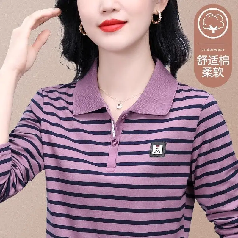 

Cotton New Women's POLO Lapel Casual Western-style Long Sleeved Mom Striped Collar Top