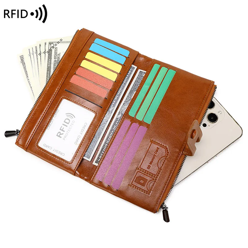 New Fashion Women Purse Leather Long Wallets Zipper Coin Pocket Rfid Blocking Card Holder Organizer Handbag for Ladies