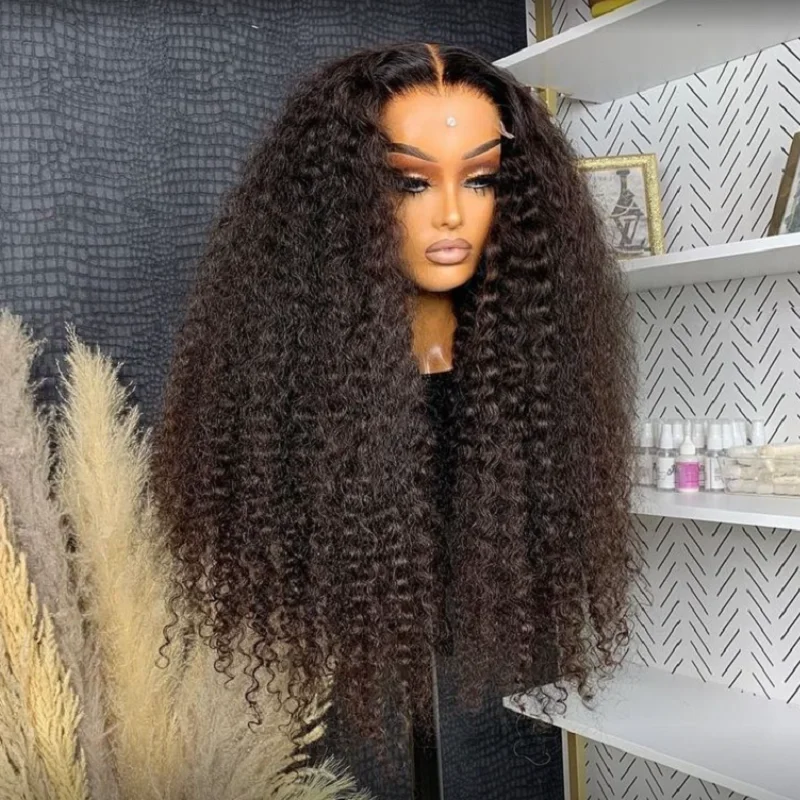 Glueless Kinky Curly Lace Front Wig para mulheres, longo macio Natural preto, cabelo do bebê, pré-arrancado, resistente ao calor, 180 Densidade, 26"