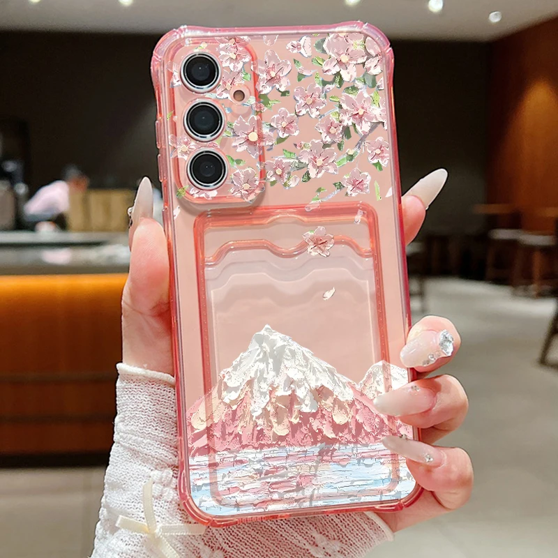 Rosa Schneeberg-Blumen Handyhülle für Samsung Galaxy S26 S25 S24 S23 S22 Ultra S22 Plus S25 Edge S24 FE Kartenfach Brieftaschen-Cover
