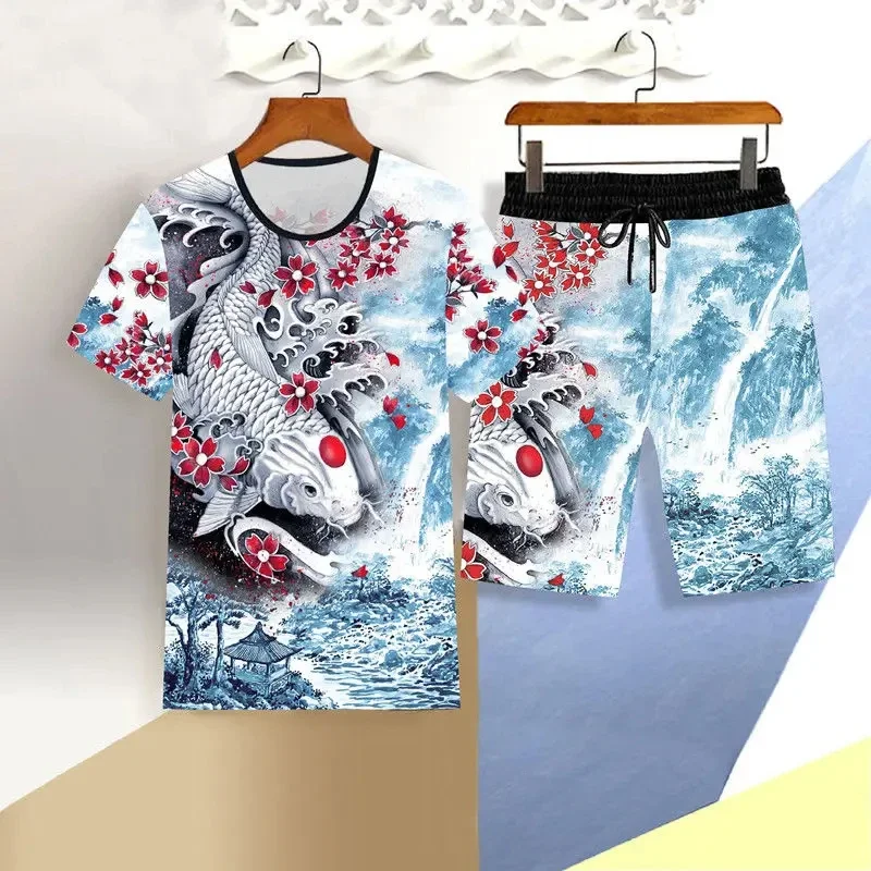 2025 New 3D Dragon Pattern Summer Men's Beach Short Sleeved Shorts Set Men's Clothing T-shirt 2-piece Set Round Neck Sport