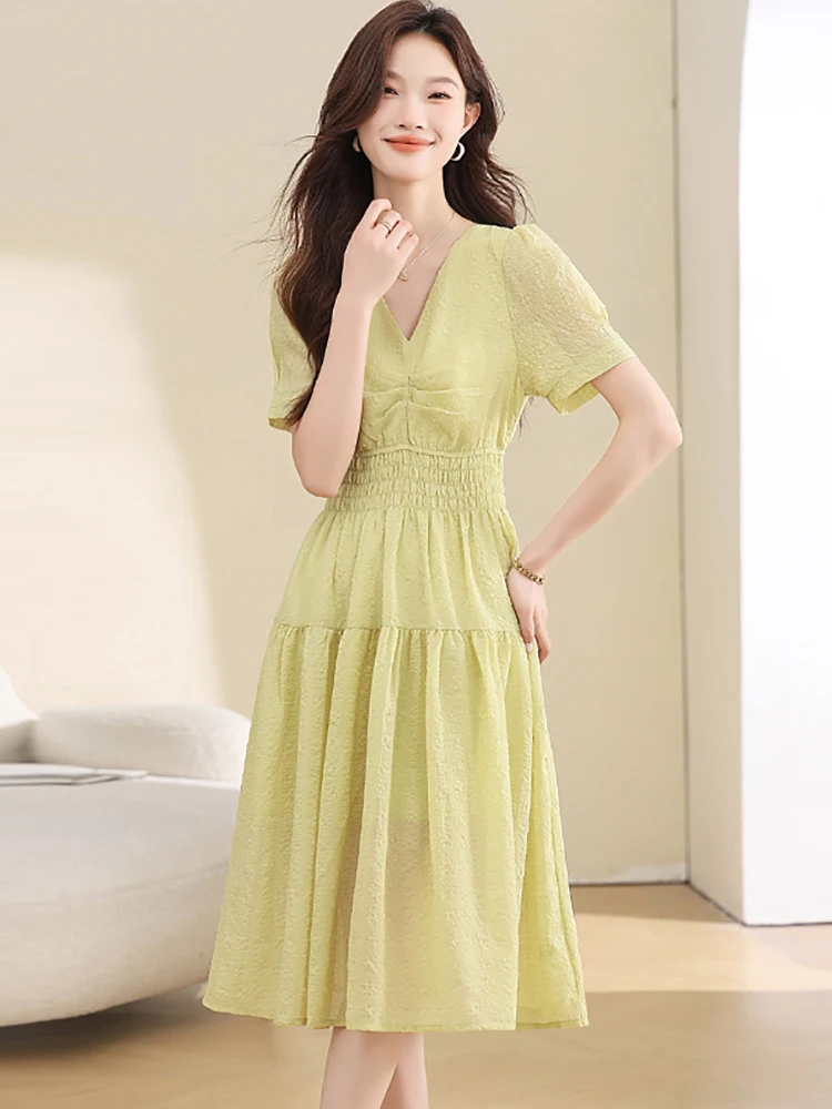 Vrouwen Groene Chiffon Geplooide Bodycon Midi Jurk Zomer Korte Mouw V-hals Casual Jurk 2025, Koreaanse Mode Elegante Avondjurk
