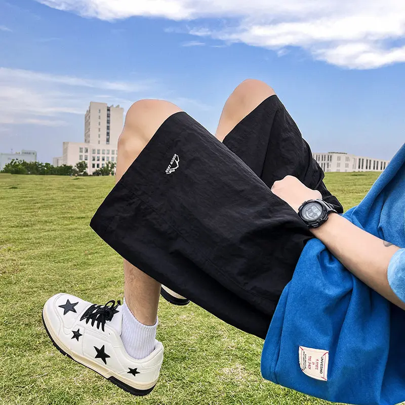 

American Style Casual Ice Silk Men's Shorts Summer Thin Beach Trend Loose Quick Dry Five-Quarter Elastic Waistband Pants
