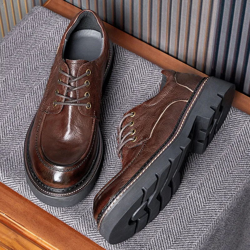 New Luxury Fashion Men Casual Leather Shoes Derby Lace Up Dress Genuine Leather Thick Sole Work Shoes Male Formal Business