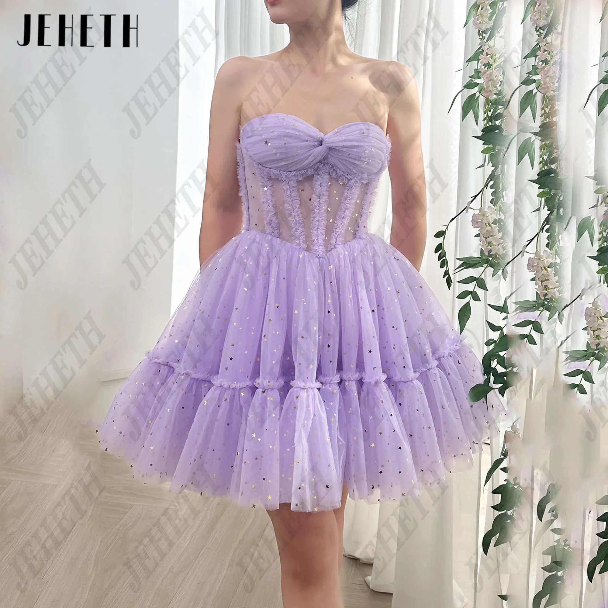 

JEHETH Lavender Mini Prom Party Dress Glitter Tulle Strapless Homecoming Dresses Sleeveless A-Line vestidos de gala Custom