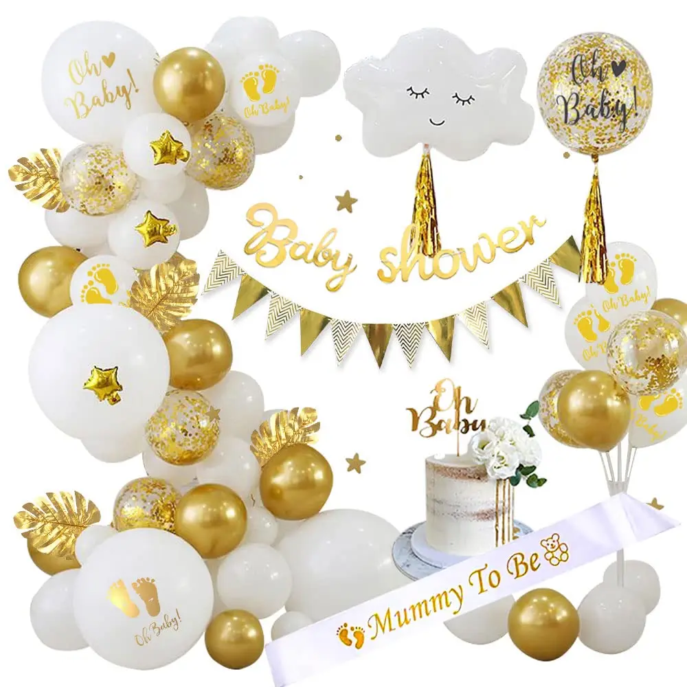 

White Gold Boy Girl Baby Shower Decorations with Mummy to be Sash Gender Reveal Wedding Birthday Party Supplies Oh Baby Balloons