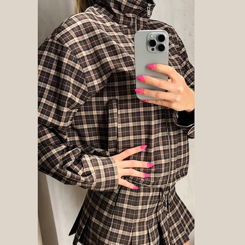 Plaid 2 Piece Outfit Zip High Stand Neck Drawstring Jacket A-line Mini Skirt Set Casual 2026 New Women Dating Party Daily Sets