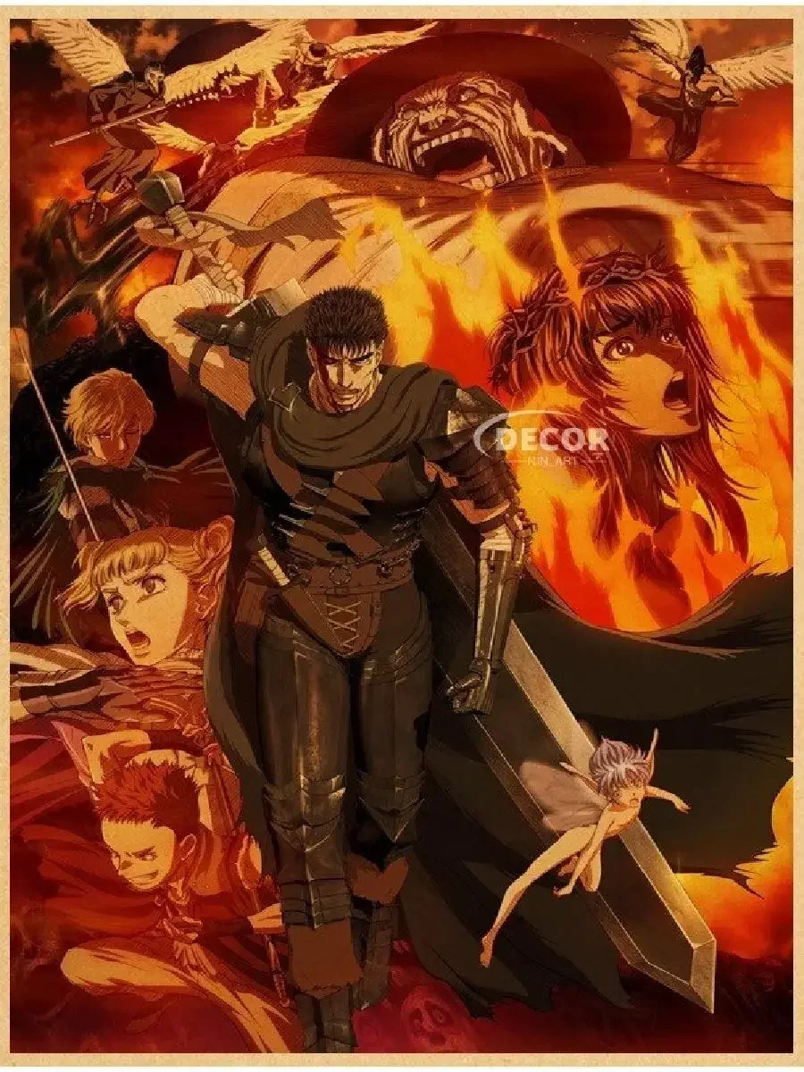 Canvas Painting Retro Classic Anime Berserk Poster with Printing Swordsman Wall Art for Living Room Bar Decor Unique Home Decor