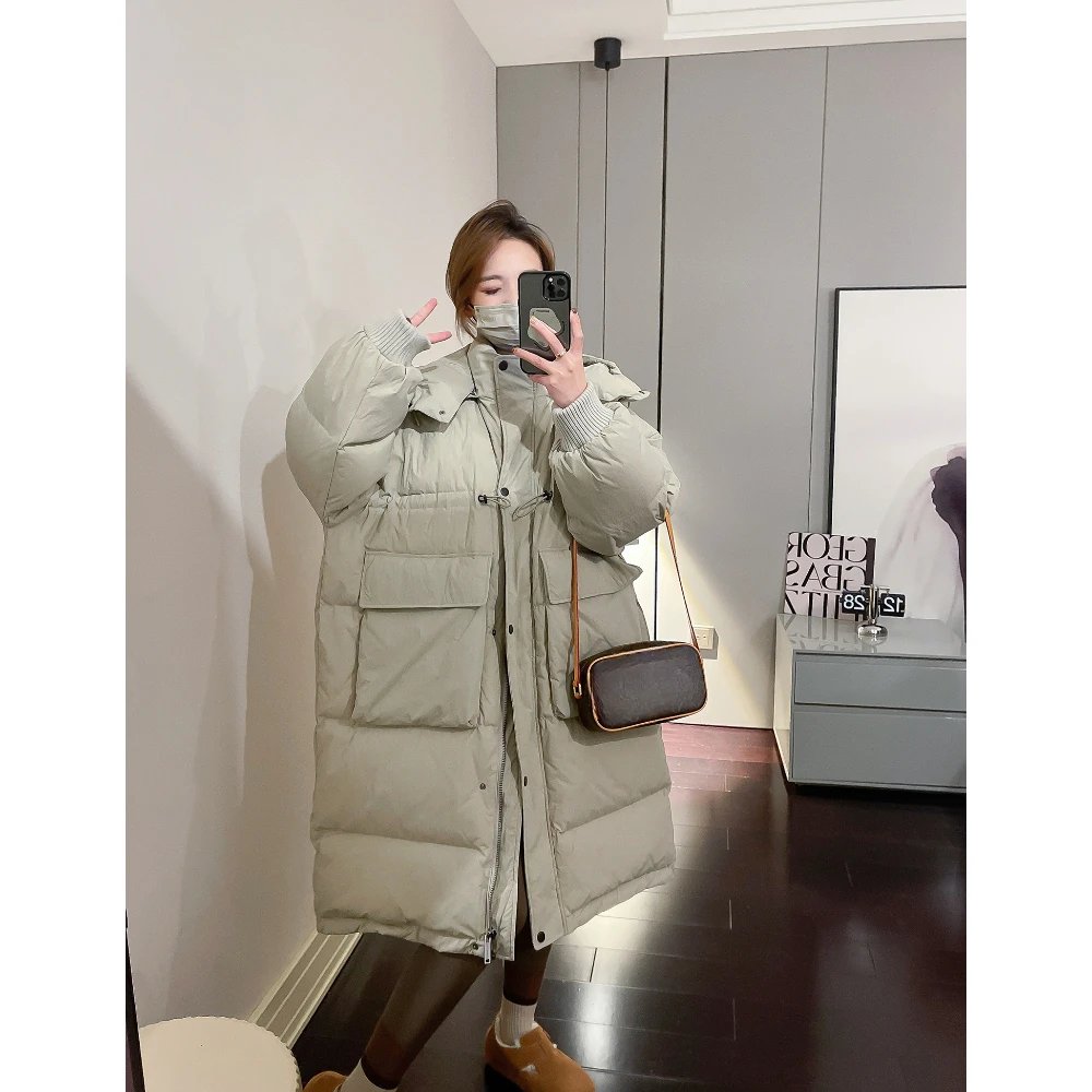 White Duck Down Hooded Jacket for Women, Medium Length, Loose, Thick, Korean Version, Winter Coat